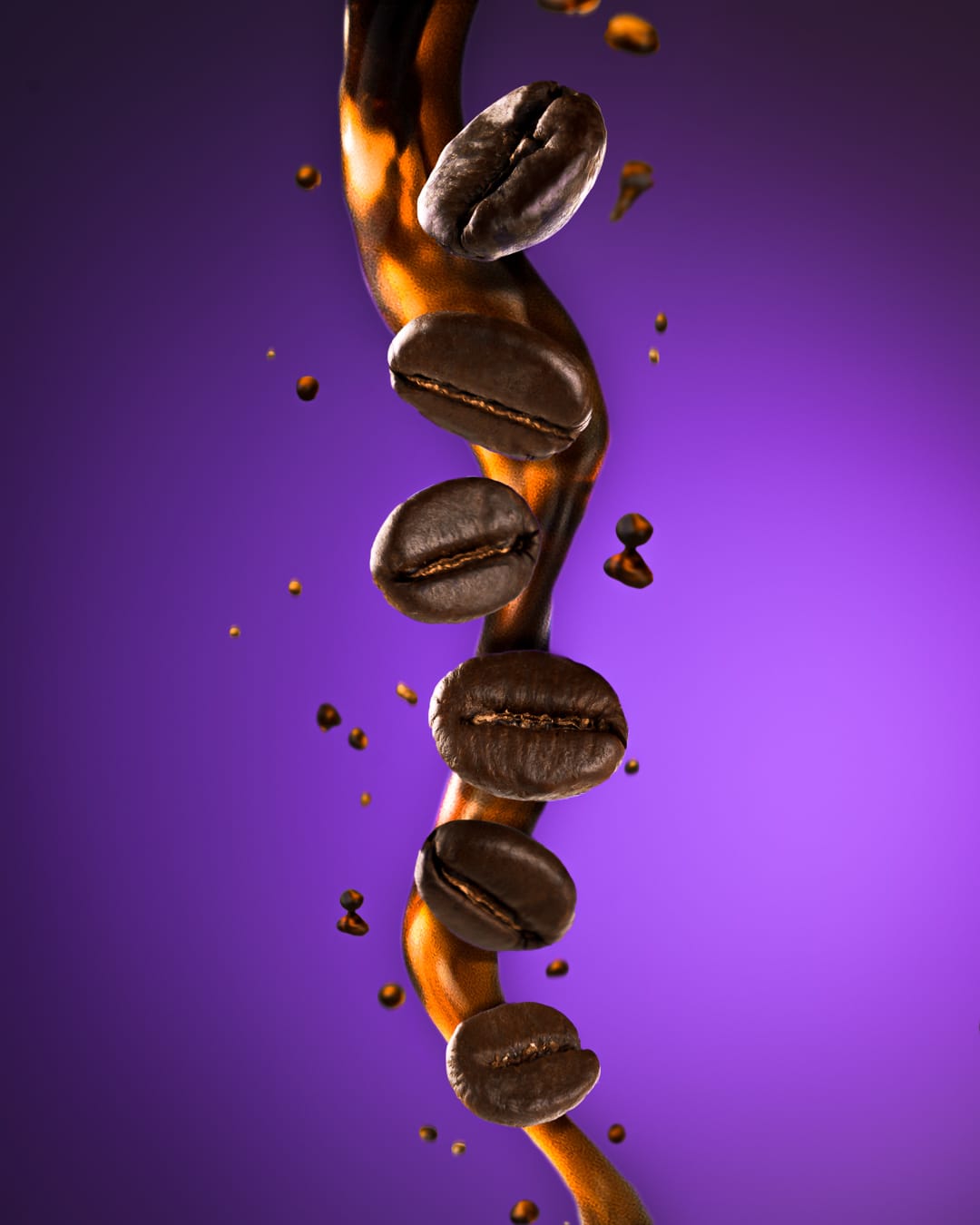 Grãos de café em composição publicitária com fundo roxo